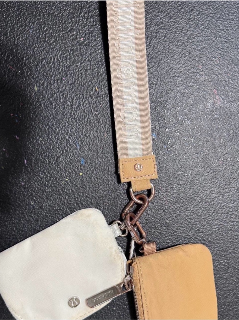 lululemon athletica Dual Pouch Crossbody in Cream and Tan with Branded Strap